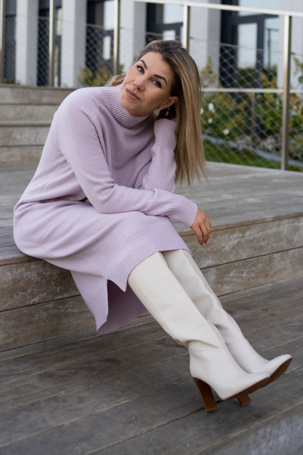 Ash pink knitted dress with a high neck