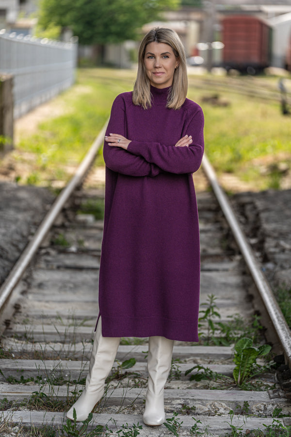 Thick purple dress with a high neck