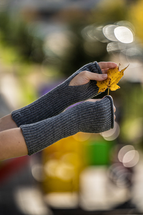 Gray fingerless gloves